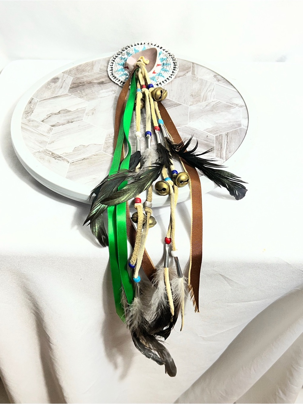 Native American Style Beaded Wall Hanging Feather Bells Ribbon Decor Handmade